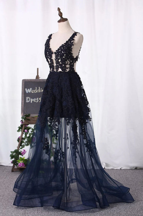 Luolandi V Neck Party Dresses A Line Tulle With Applique Sexy Evening Dress